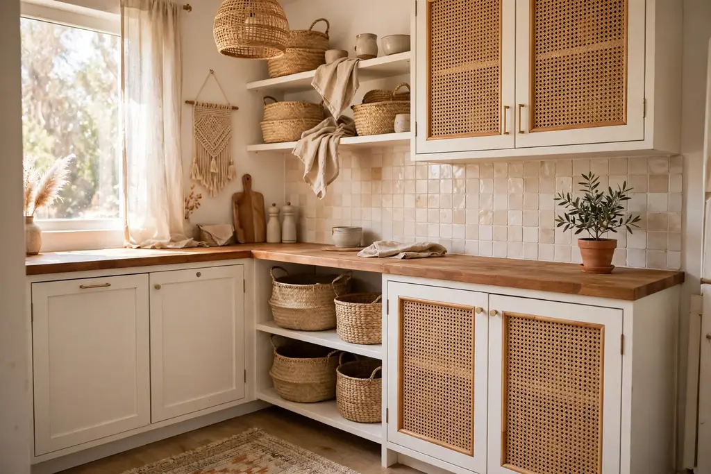 Small boho kitchen with warm white cabinets, rattan fronts, woven baskets, and a wood countertop.