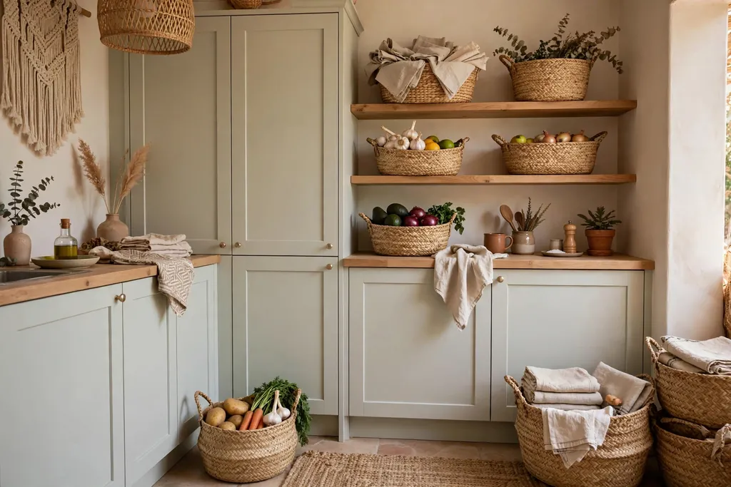 Woven seagrass baskets on open shelves and on the floor holding linens and produce in a small boho kitchen.
