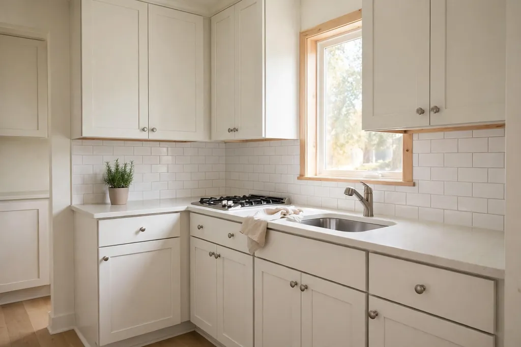 Small kitchen with freshly painted light warm white cabinets, brushed nickel knobs and a pale countertop.