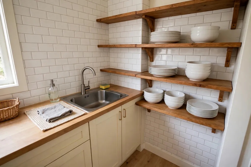 Open wood shelves holding plain white plates and bowls above a small kitchen counter beside the sink.