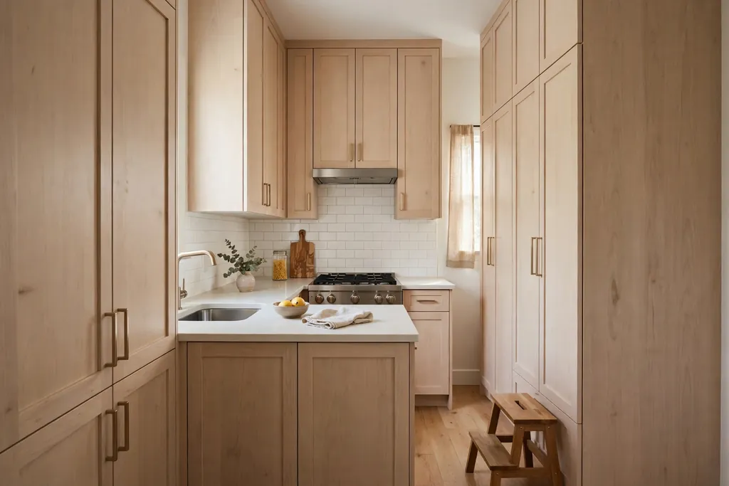 Small kitchen with tall light cabinets extending all the way to the ceiling and a small step stool nearby.