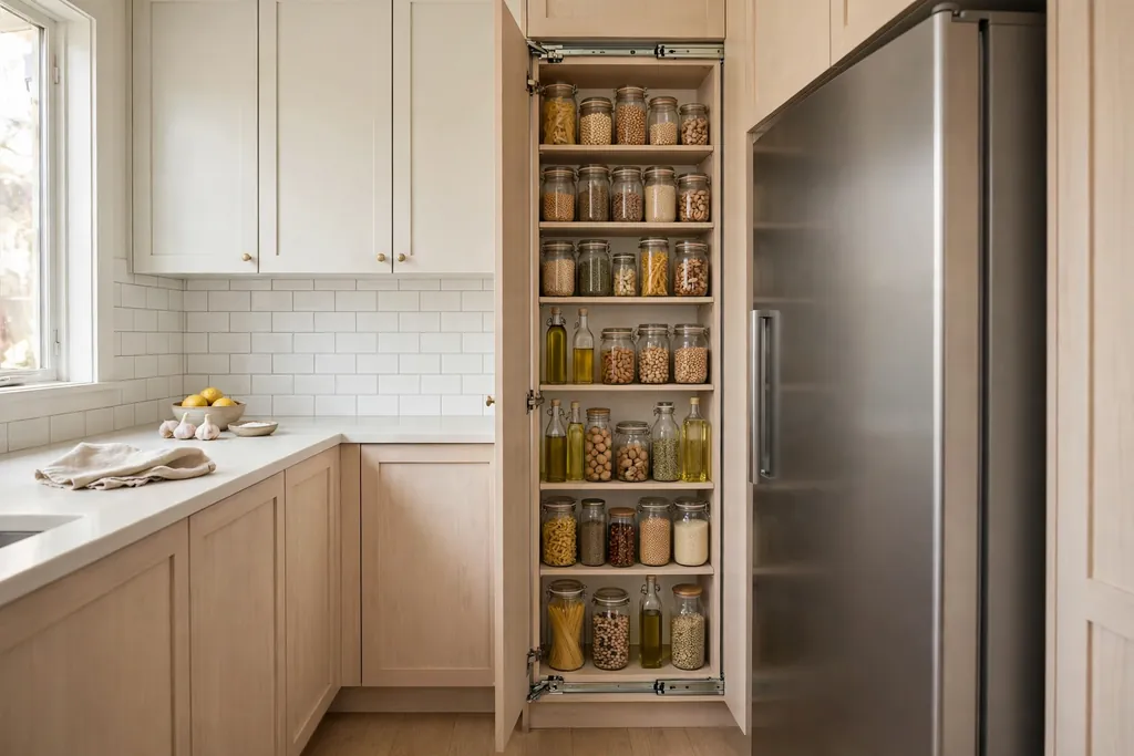 Slim tall pull-out pantry slid open beside a fridge, with jars and bottles visible on its shelves.