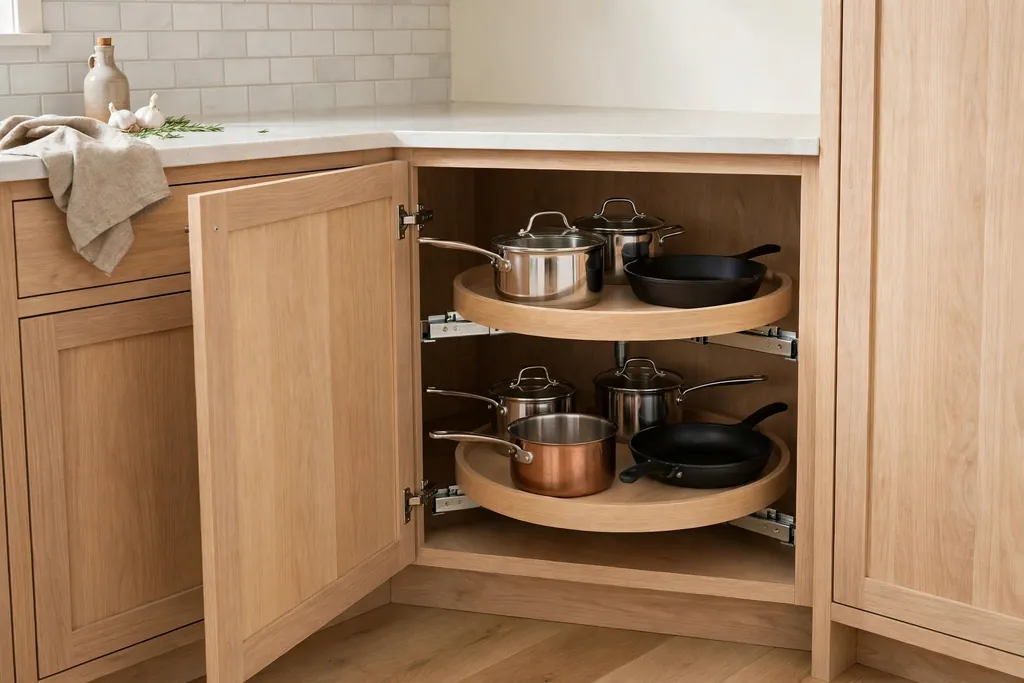 Corner cabinet in a small kitchen with a pull-out carousel shelf holding pots and pans.