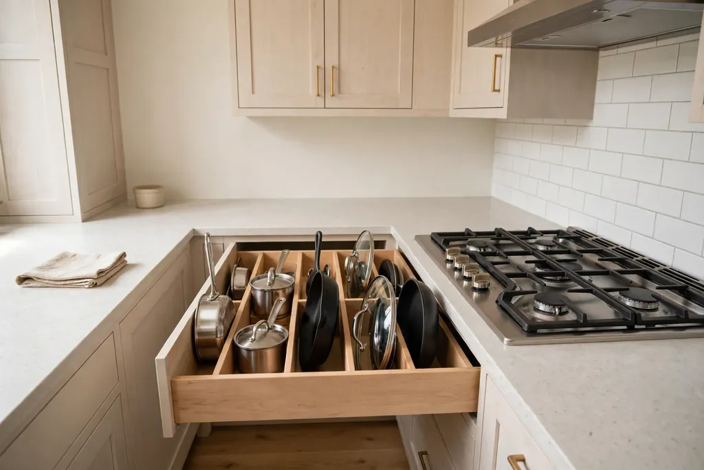 Deep kitchen drawers open beside a stove, holding pots, pans and lids in dividers.