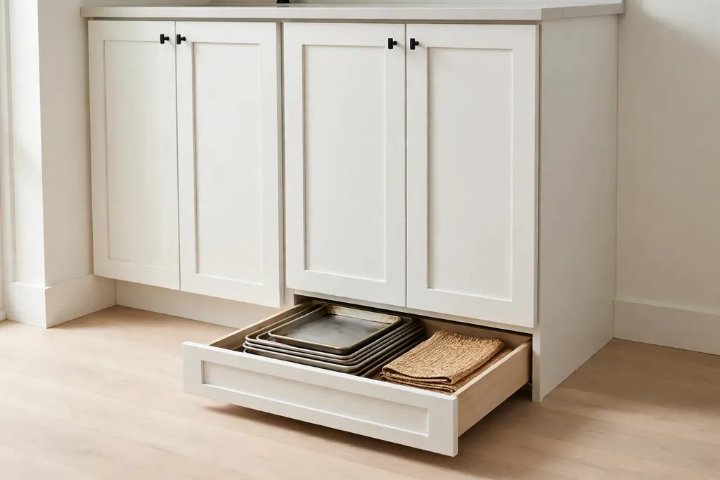 Shallow toe-kick drawer open under small kitchen cabinets, holding baking sheets and placemats.