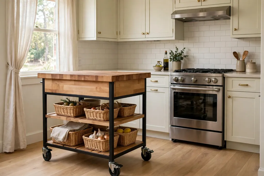 Rolling kitchen island cart with a butcher block top and shelves below in a small light kitchen.