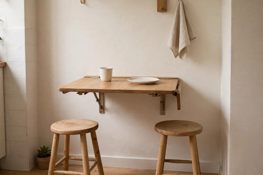Fold-down wooden wall table open in a small kitchen, with two stools and a cup and plate on the table.