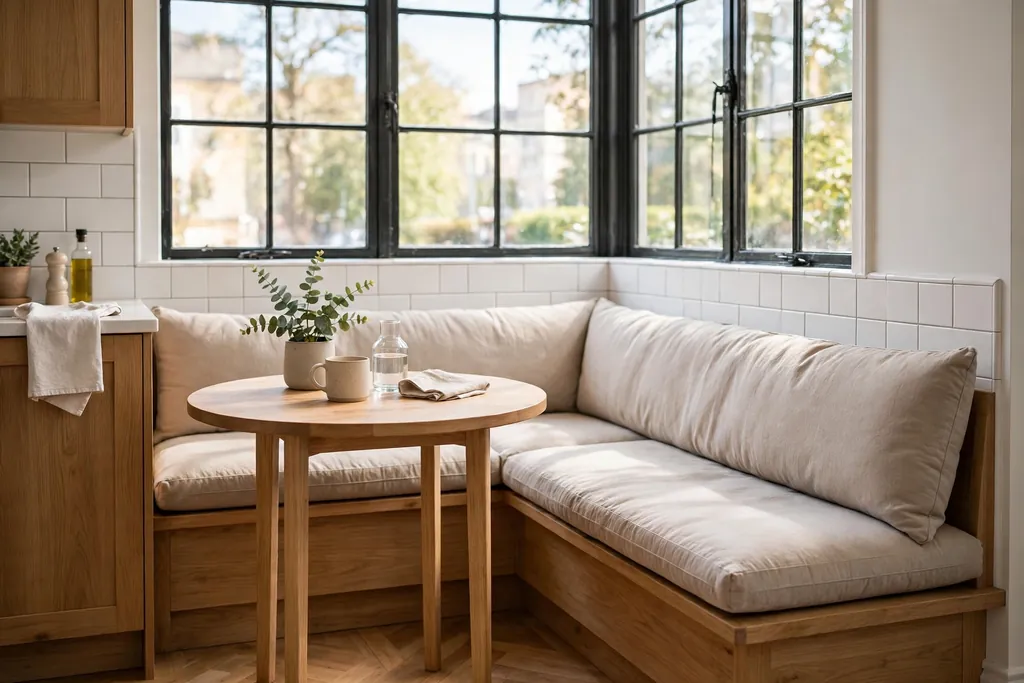 Corner banquette bench with washable cushions and a small round table by a kitchen window.