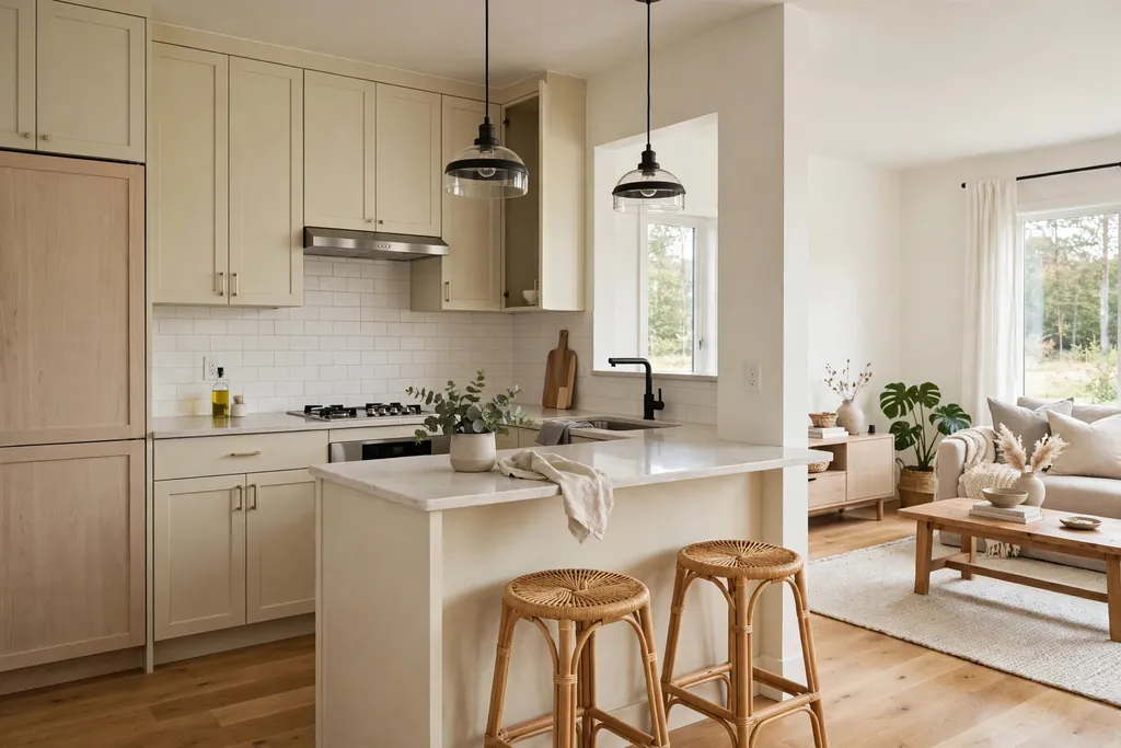 Small kitchen peninsula breakfast bar with two stools tucked under, open to a living area.