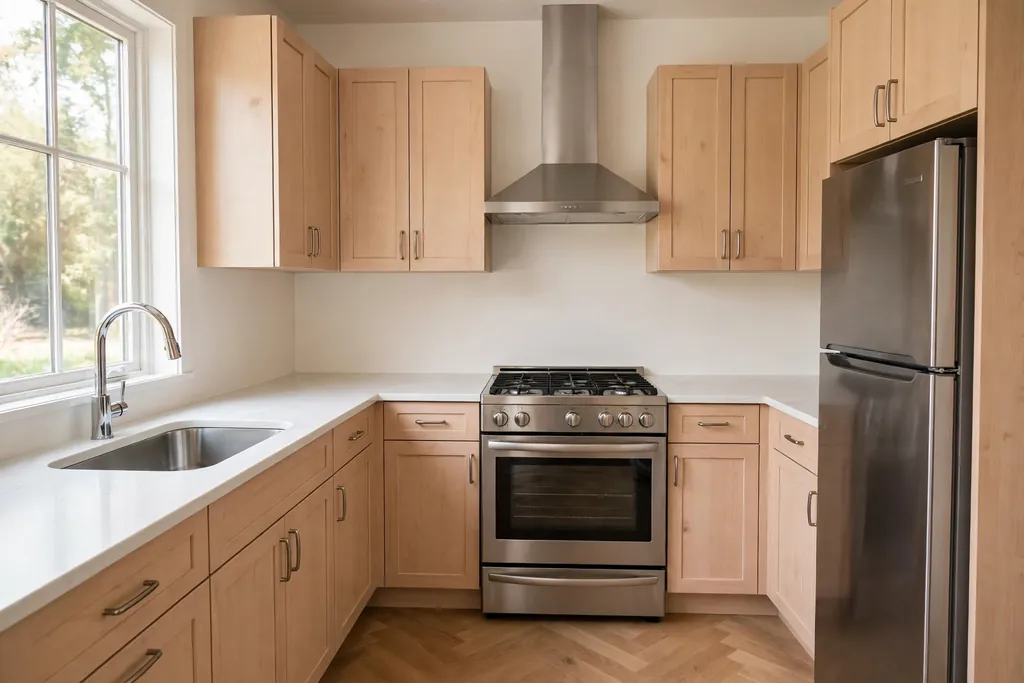 Small L-shape kitchen with a clear path between sink, stove and fridge and clear counters.