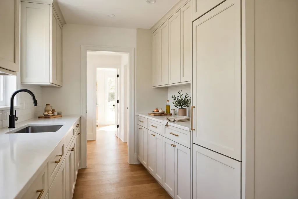 Counter-depth slim fridge sitting flush with light kitchen cabinets, with a clear walkway beside it.