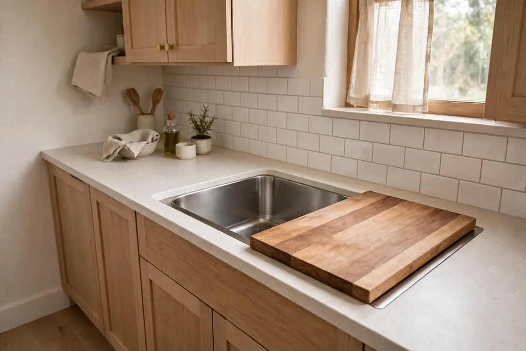 Large single bowl kitchen sink with a wooden cutting board cover over part of the sink.