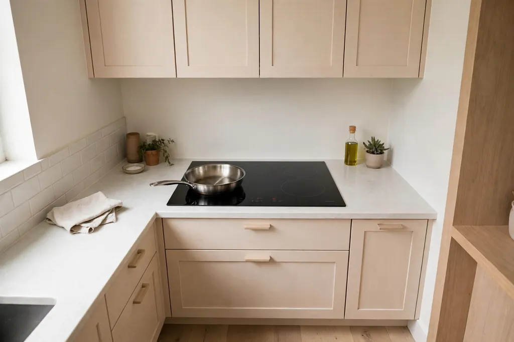 Slim black induction cooktop on a light kitchen counter, with a pan on one cooking zone.