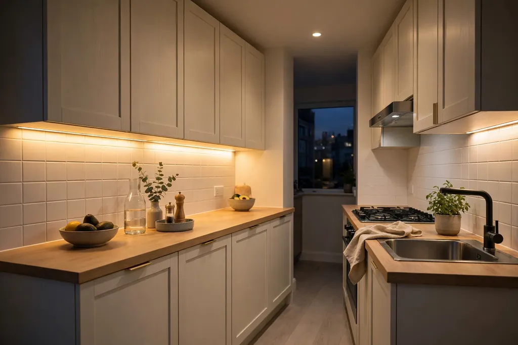 Small kitchen in the evening with warm LED strips under upper cabinets lighting the counter.