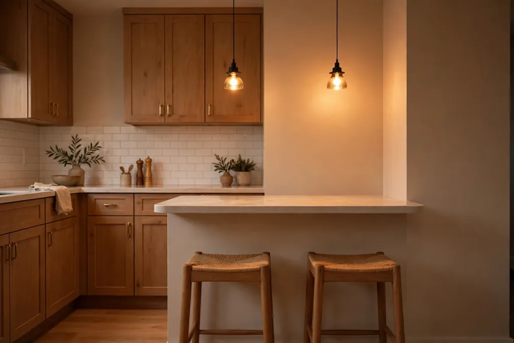 Two small pendant lights hanging above a small kitchen peninsula bar, with stools below.