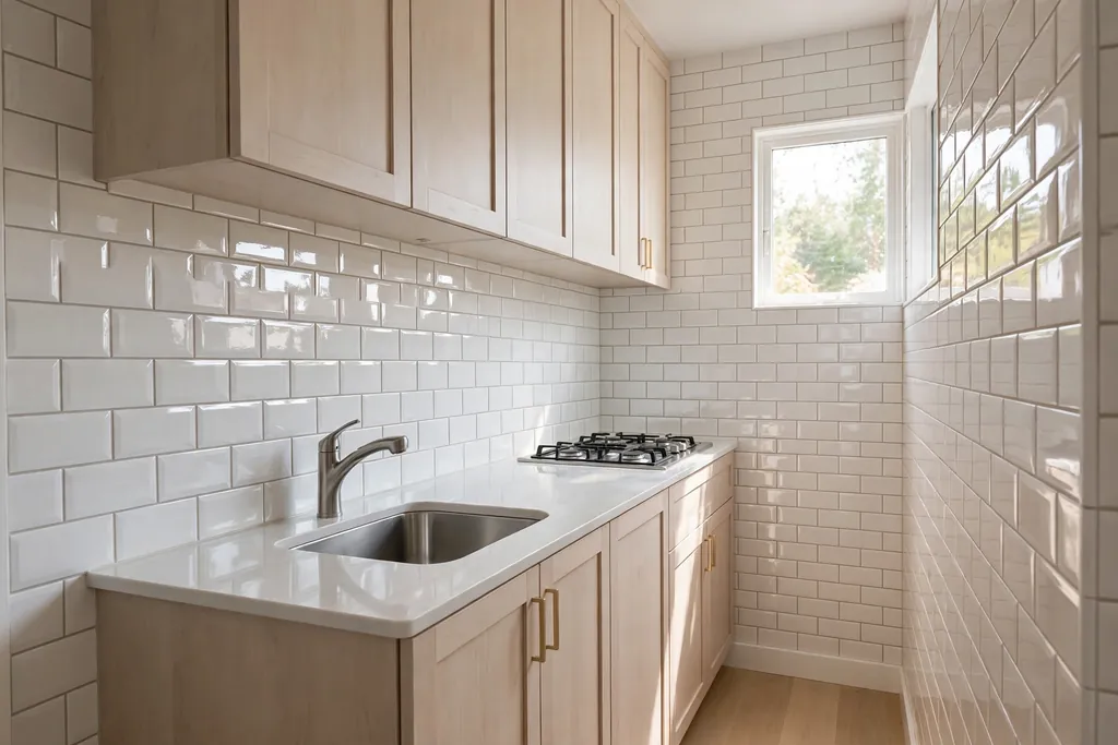 Small kitchen with a glossy white subway tile backsplash reflecting light above a clear counter.