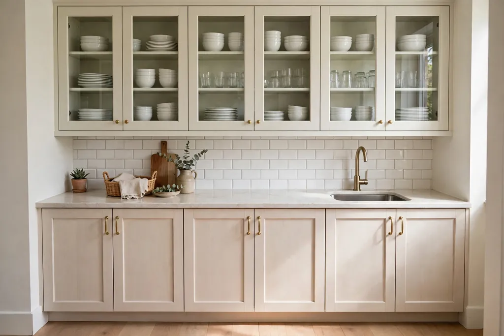 Glass-front upper kitchen cabinets displaying neat white dishes and glasses above light base cabinets.