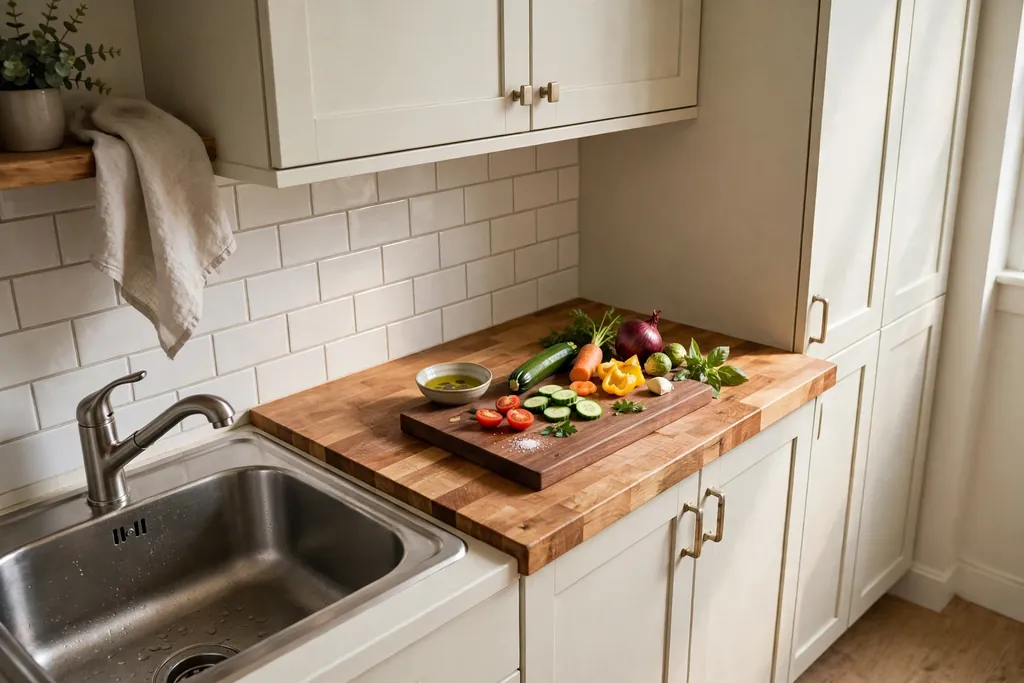 Section of warm butcher block countertop beside a kitchen sink, with a chopping board and vegetables.