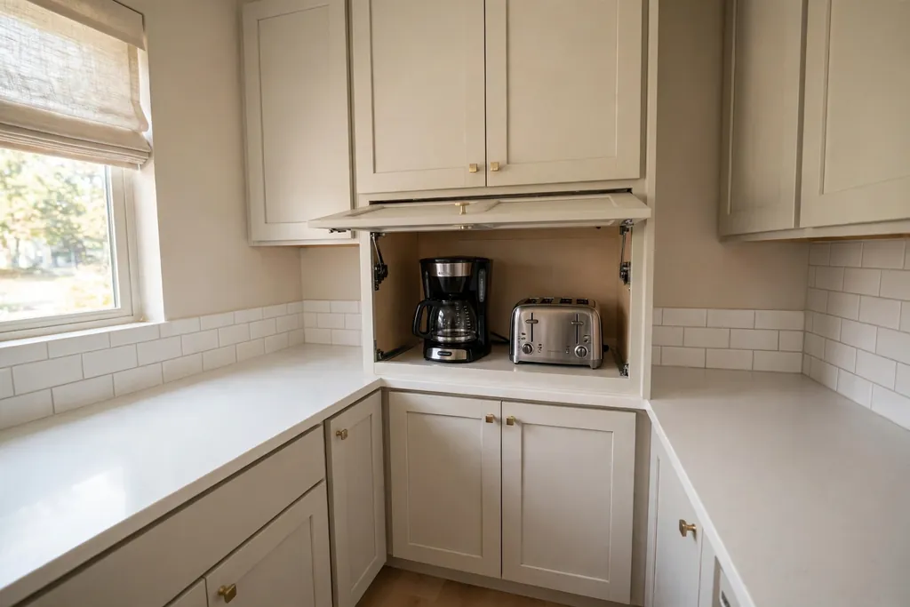 Kitchen appliance garage cabinet open to show a coffee maker and toaster inside, with a clear counter.