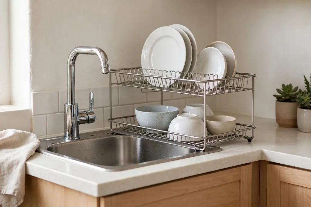 Over-sink dish rack holding plates and bowls above a small kitchen sink.