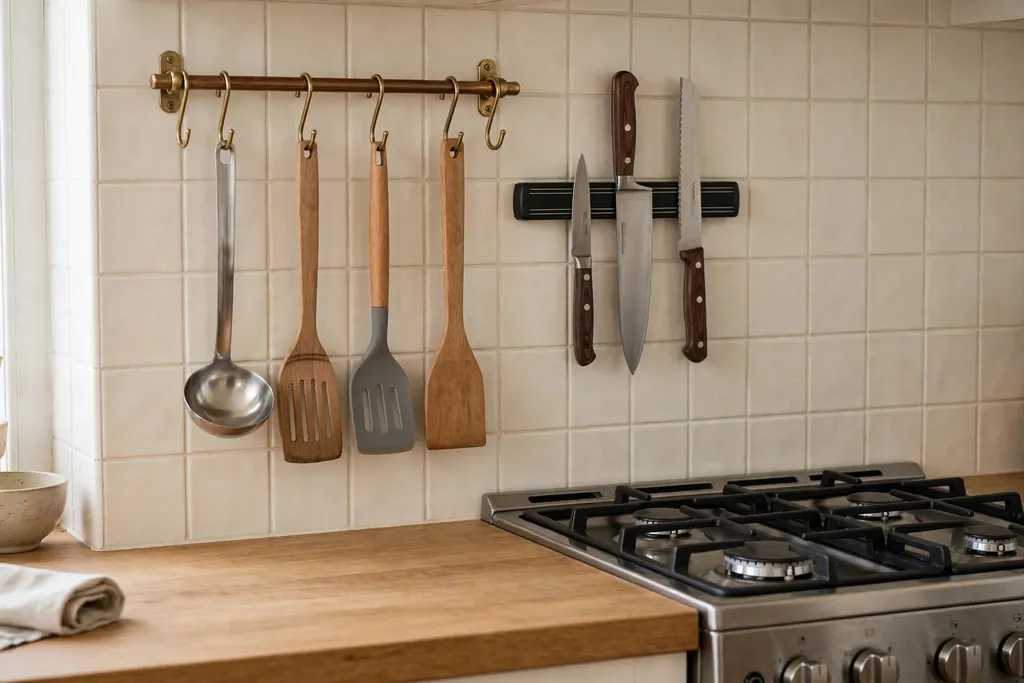 Kitchen wall rail with hanging ladles and spatulas and a magnetic knife strip beside a stove.
