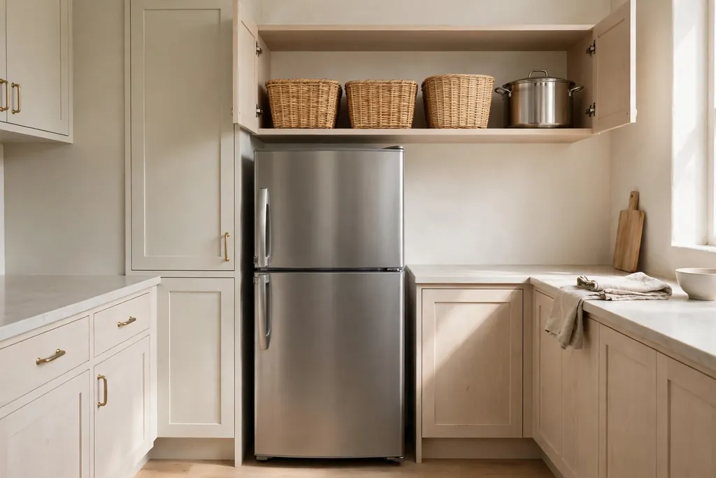 Cabinet above a fridge in a small kitchen holding labeled bins and a large pot.