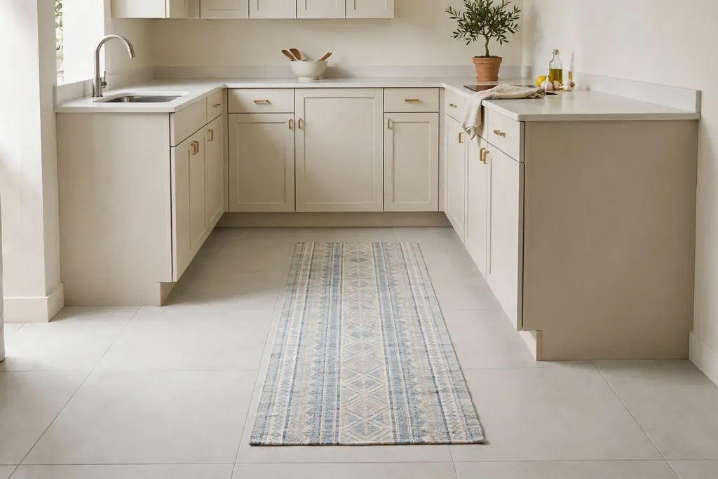 Small kitchen floor with large-format light matte tiles and a washable runner.