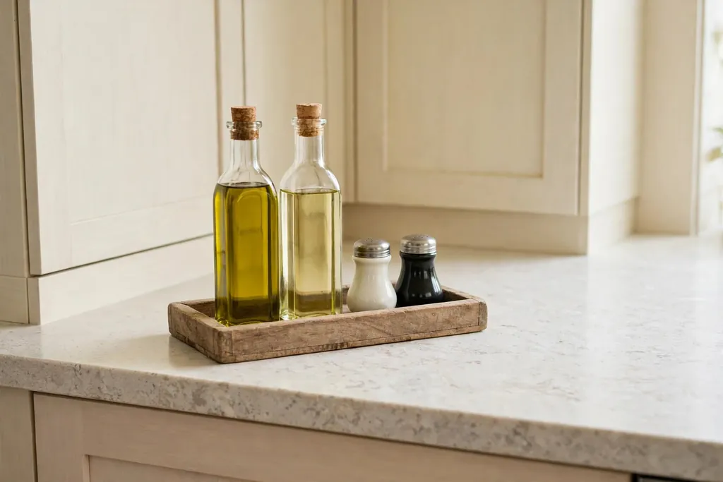 Kitchen counter with one wooden tray holding oil bottles, salt and pepper, and the rest of the counter clear.
