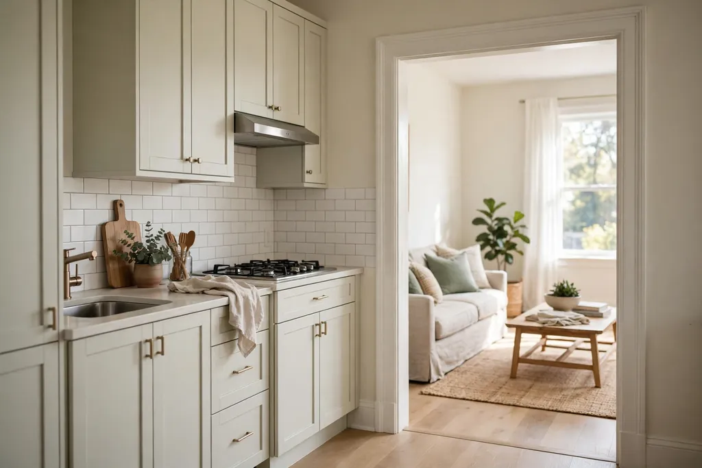 Small kitchen opened to a living room through a wide cased doorway, with daylight and light cabinets.