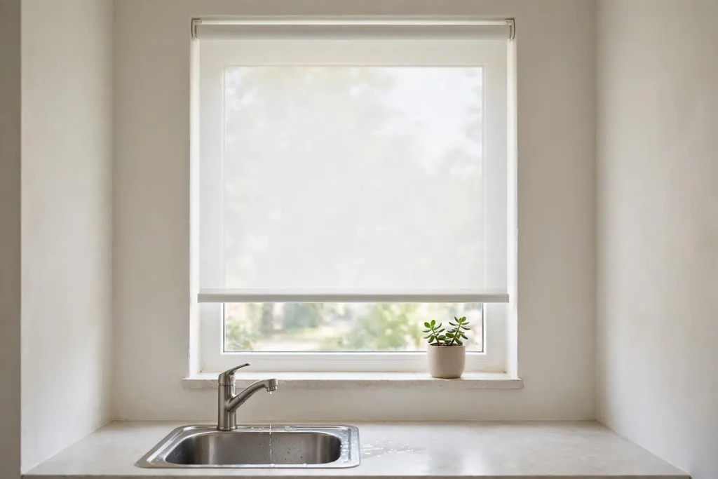 Small kitchen window with a sheer white roller blind and a small plant on the sill above the sink.