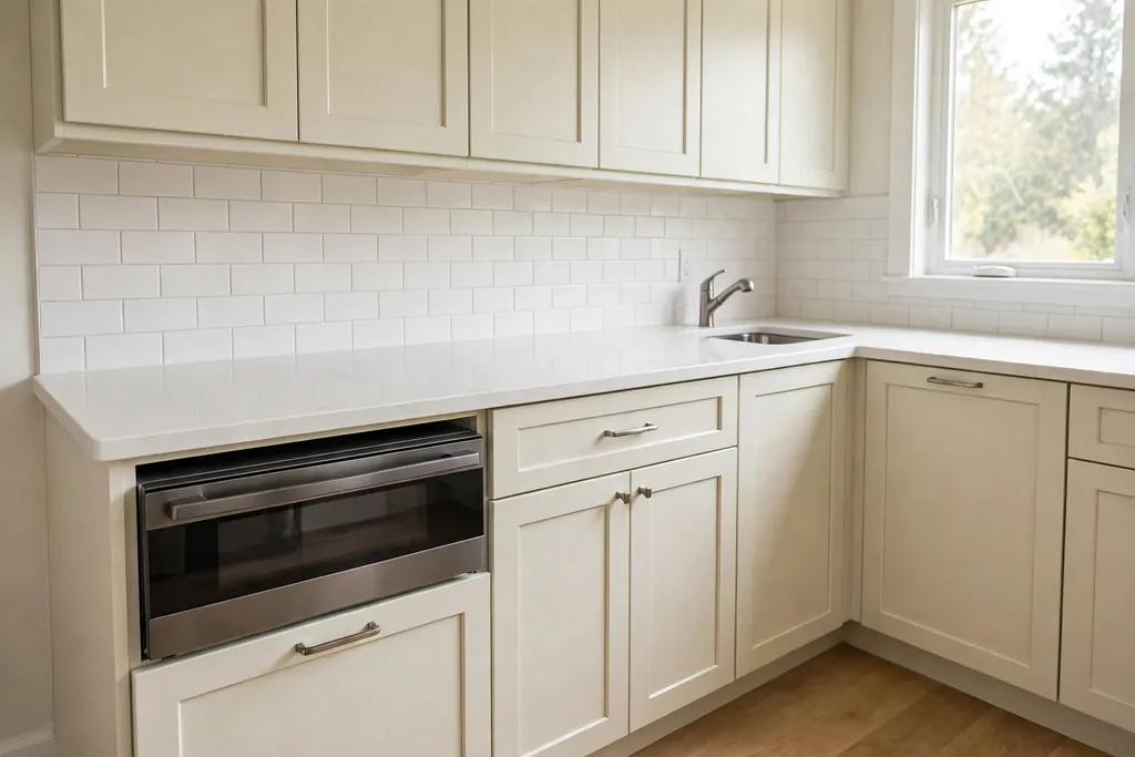 Built-in microwave drawer under a kitchen counter, with a clear counter above it.