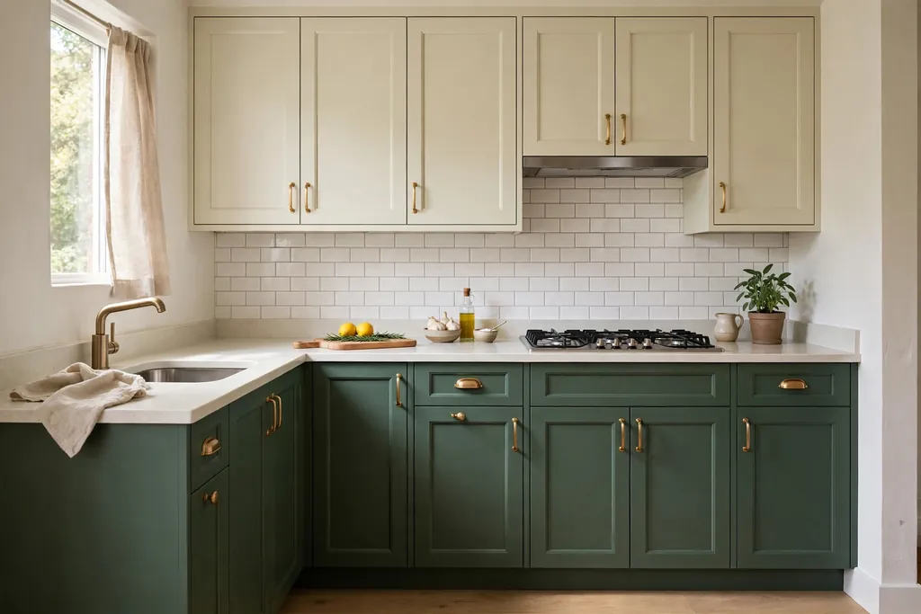 Small kitchen with two-tone cabinets, deep sage base cabinets and light upper cabinets.