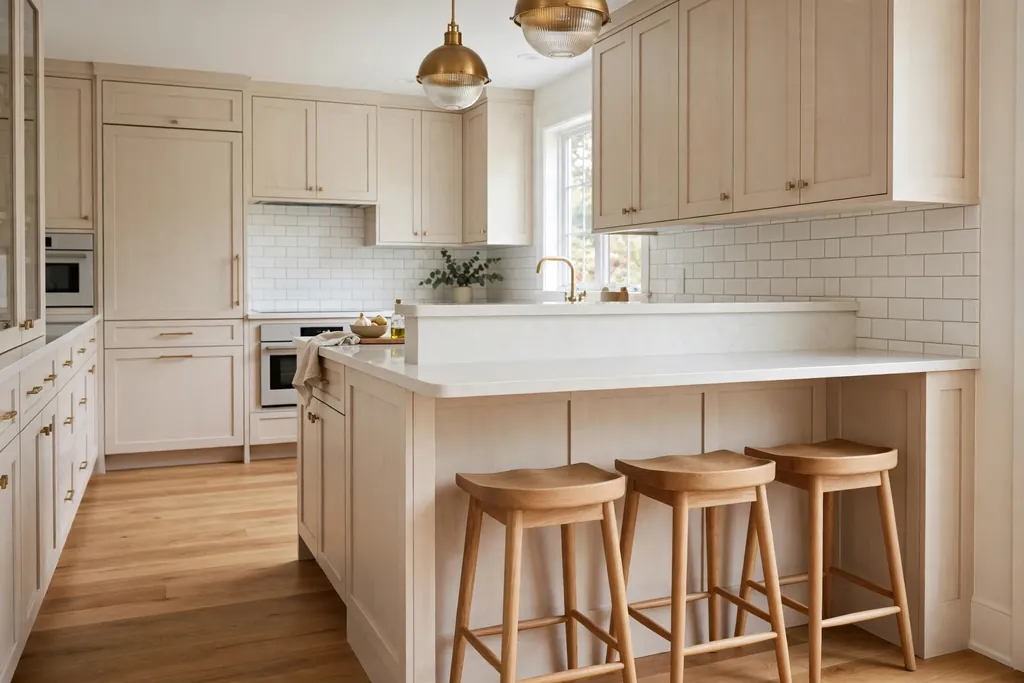 Small kitchen peninsula with backless stools slid fully under the bar and a clear walkway.