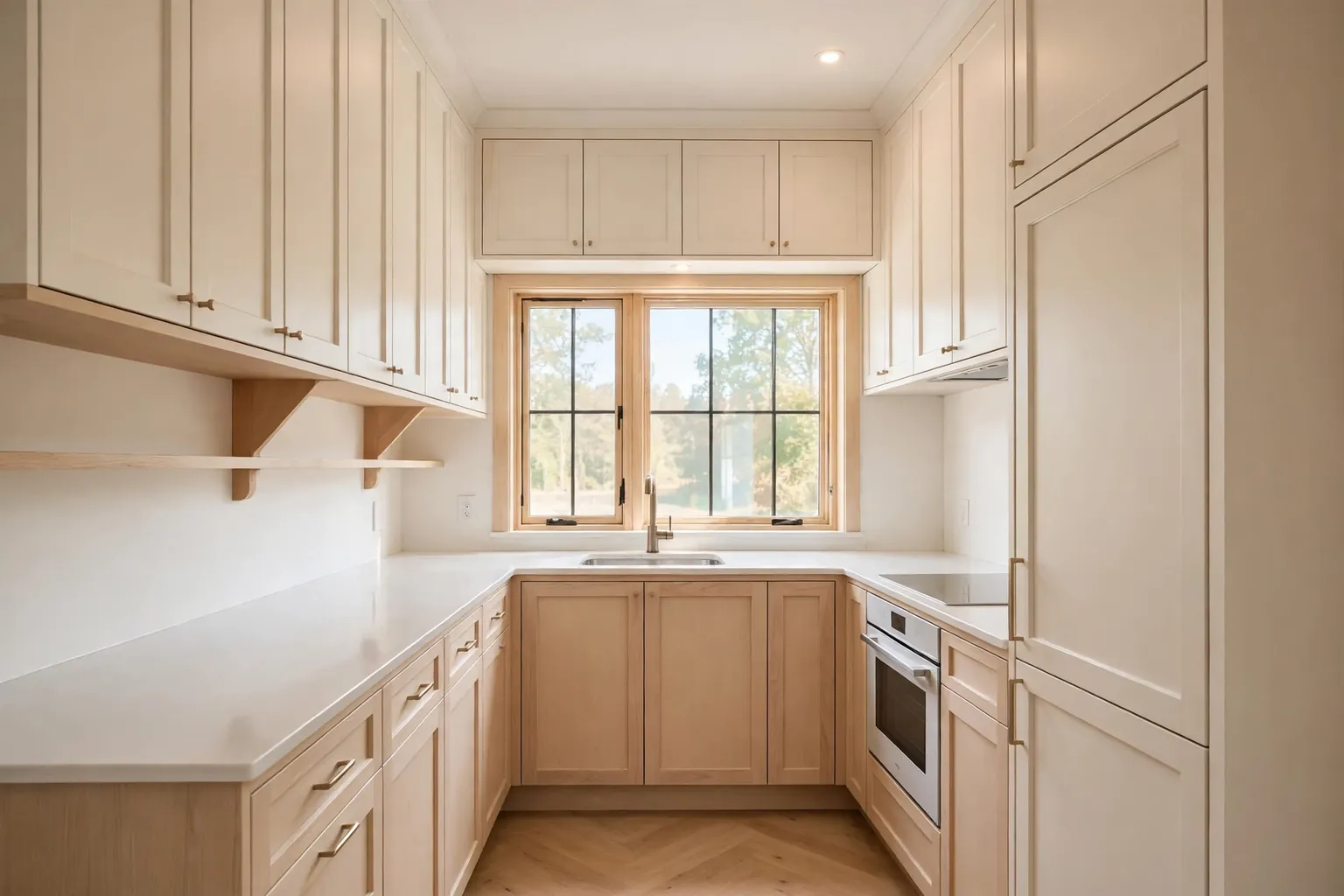 Bright small kitchen with light warm white cabinets to the ceiling, pale wood accents and a clear counter in daylight.