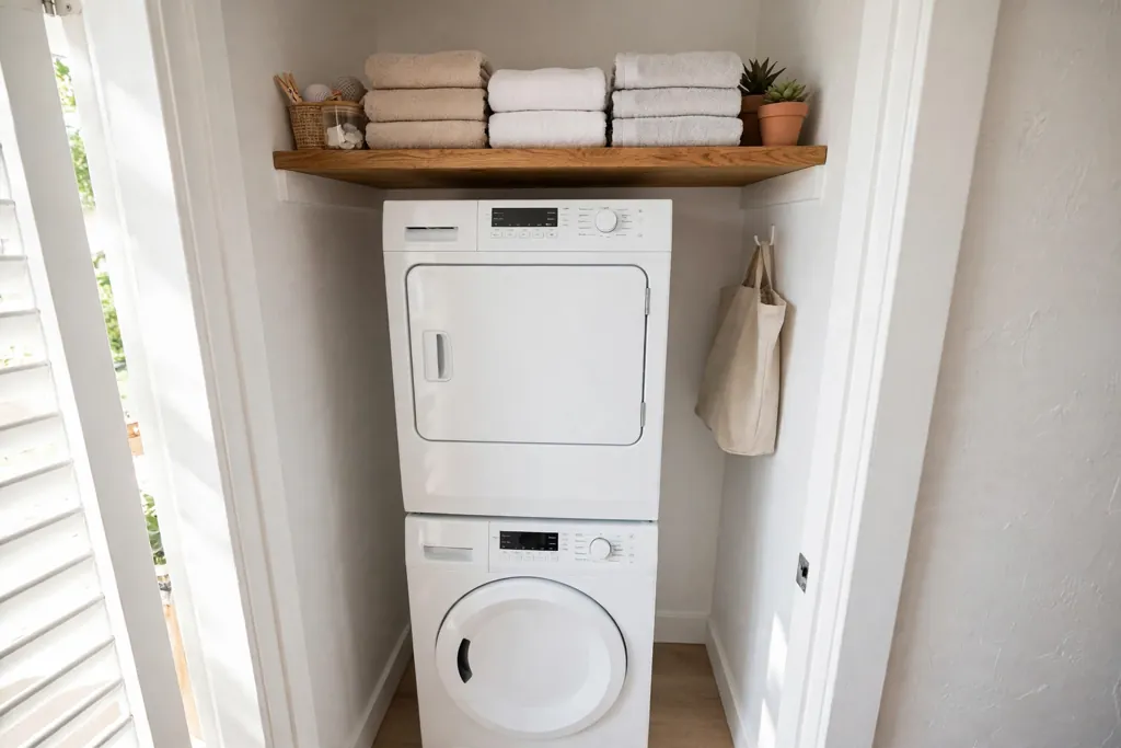 Small laundry closet with stacked washer and dryer and a shelf above.