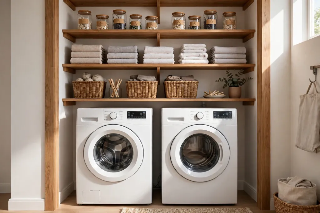 Laundry closet with open wood shelves above side by side washer and dryer holding jars and bins.