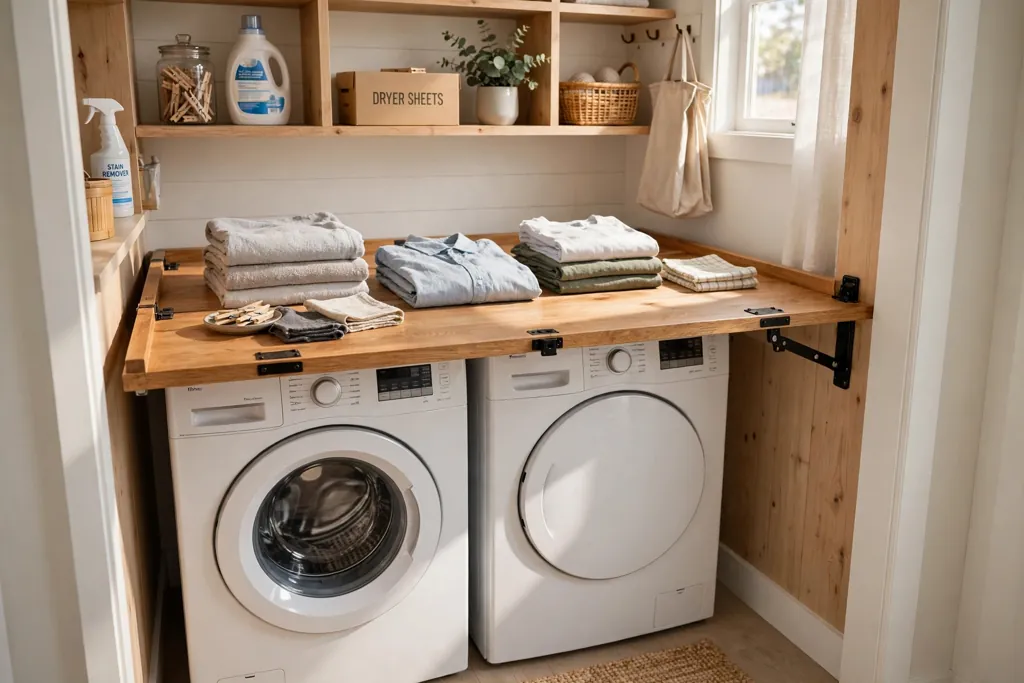 Laundry closet with a fold-down wooden counter lowered over front loading machines.