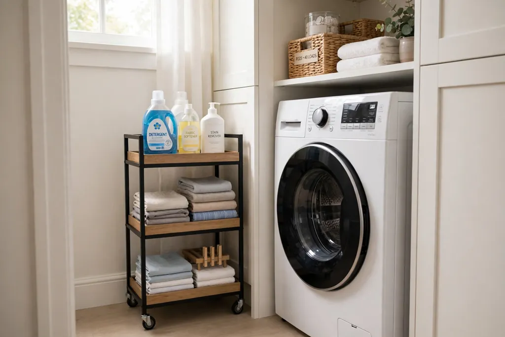 Narrow laundry closet gap with a slim rolling cart holding bottles beside a washer.