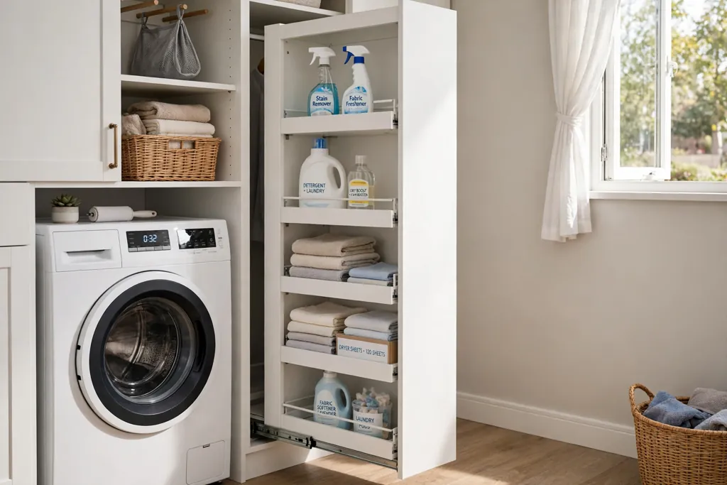 Laundry closet with a tall narrow pull-out tower sliding out beside a washer.