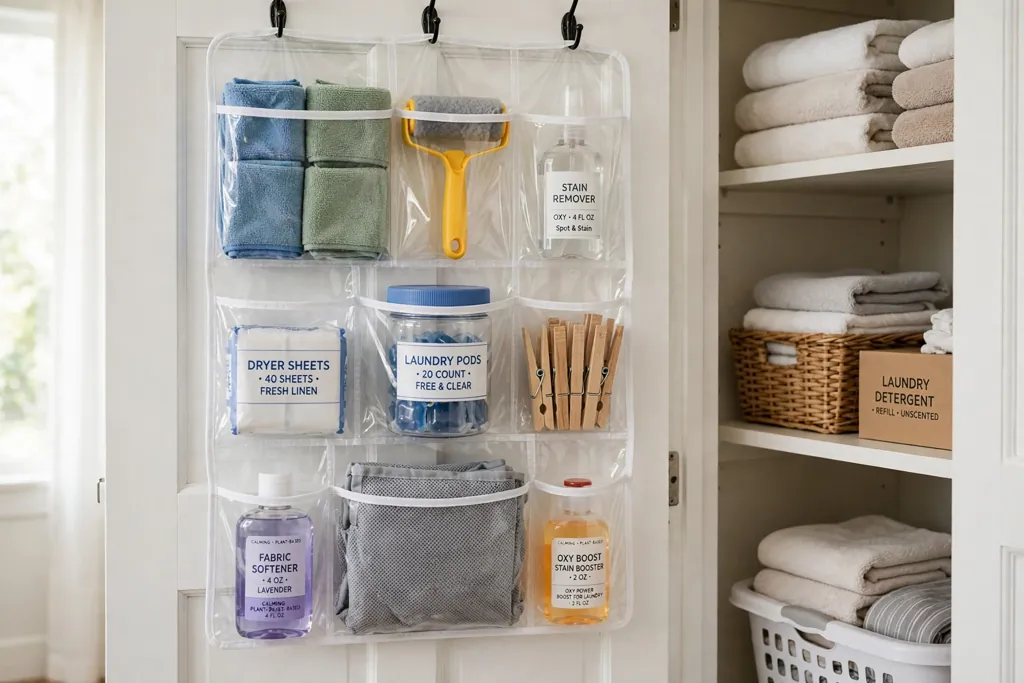 Inside of a laundry closet door with a clear pocket organizer holding small supplies.