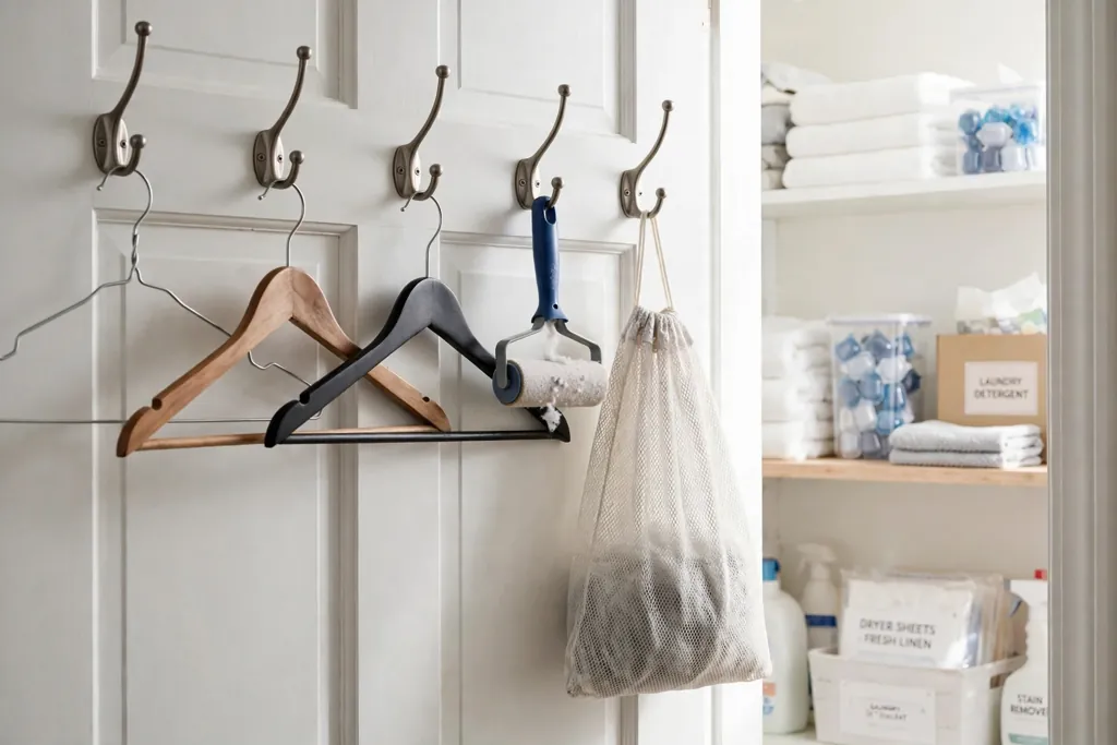 Inside of a laundry closet door with hooks holding hangers and a lint roller.