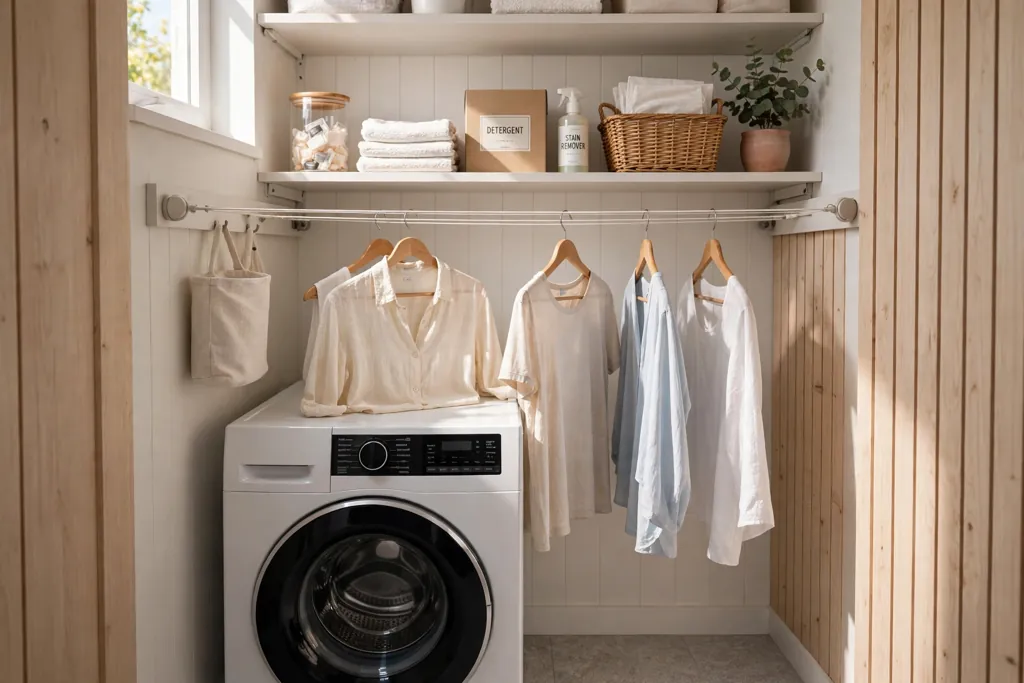 Small laundry closet with a retractable drying line stretched across holding light clothes.