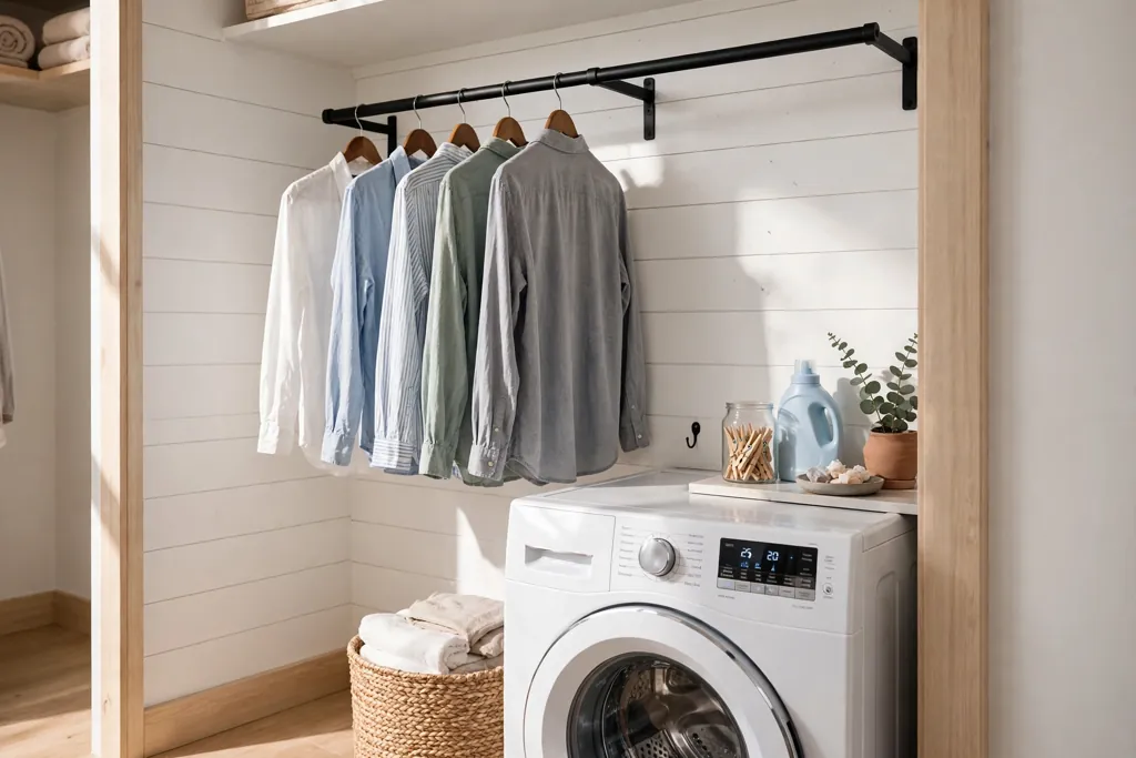 Laundry closet side wall with a metal rail holding shirts on hangers.