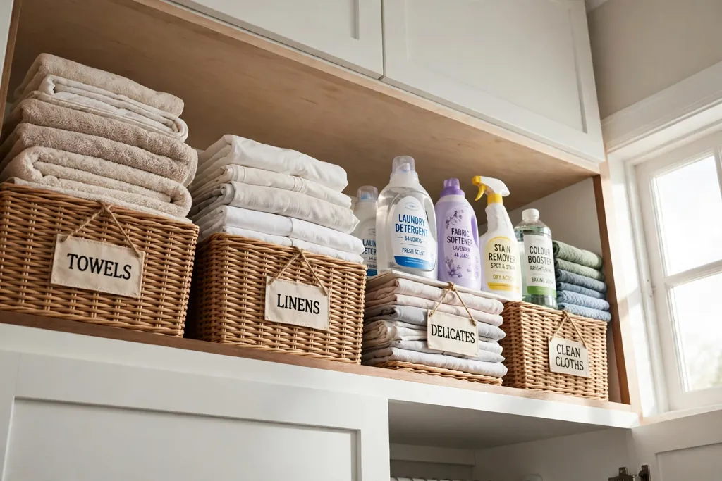 High laundry closet shelf with labeled bins holding folded cloths and bottles.