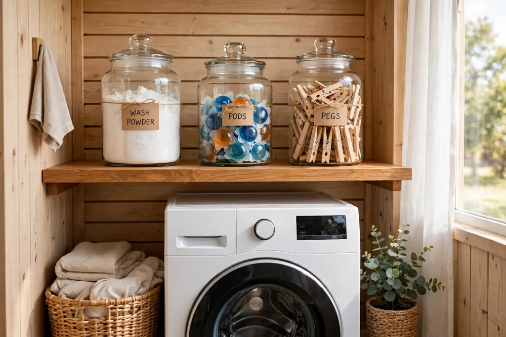 Laundry closet shelf with clear glass jars holding powder, pods, and pegs.