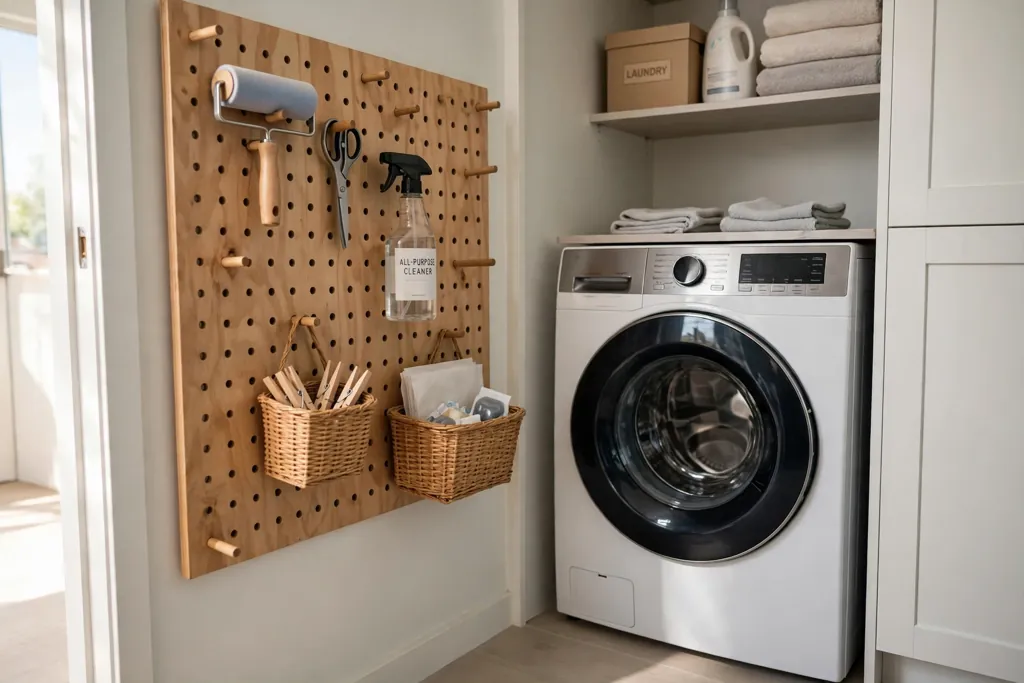 Laundry closet side wall with a pegboard holding a lint roller, scissors, and small baskets.