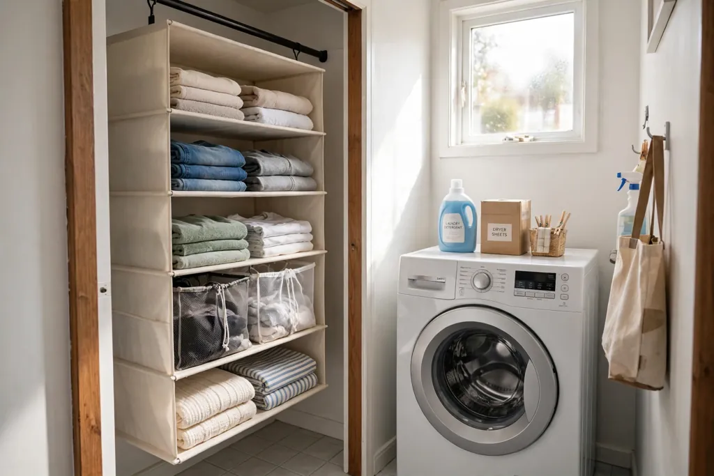 Laundry closet with a hanging fabric shelf unit holding folded cloths and mesh bags.