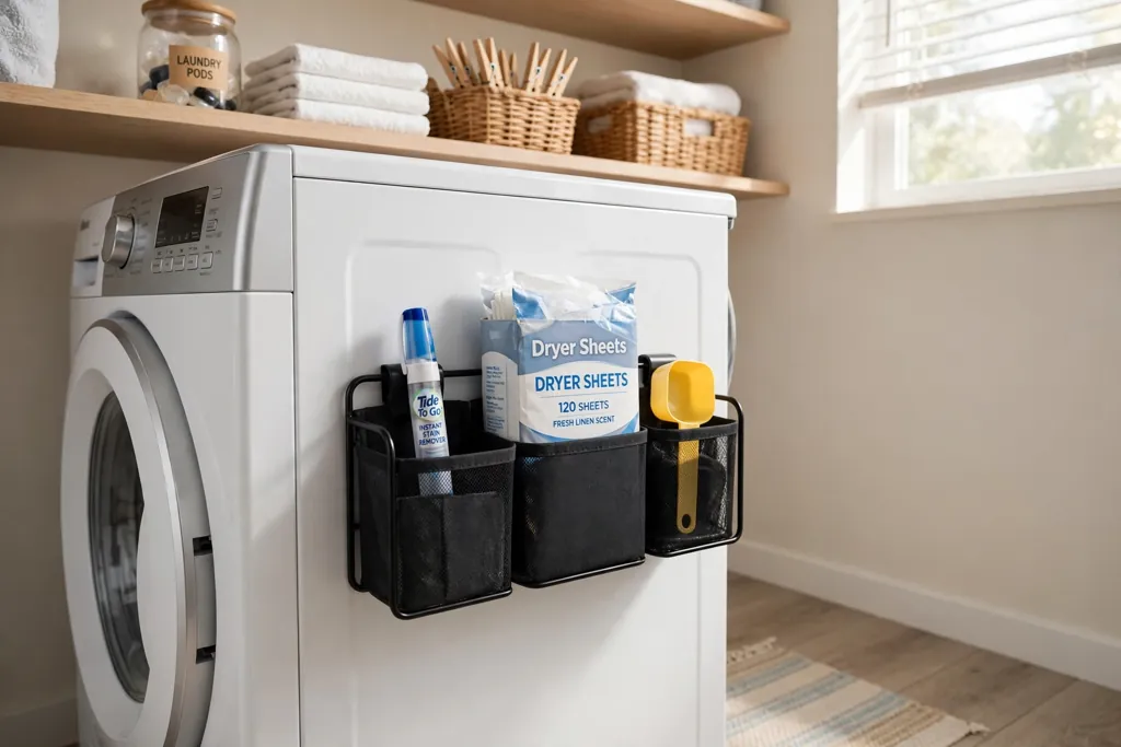 Side of a washer in a laundry closet with a magnetic caddy holding a stain pen and dryer sheets.