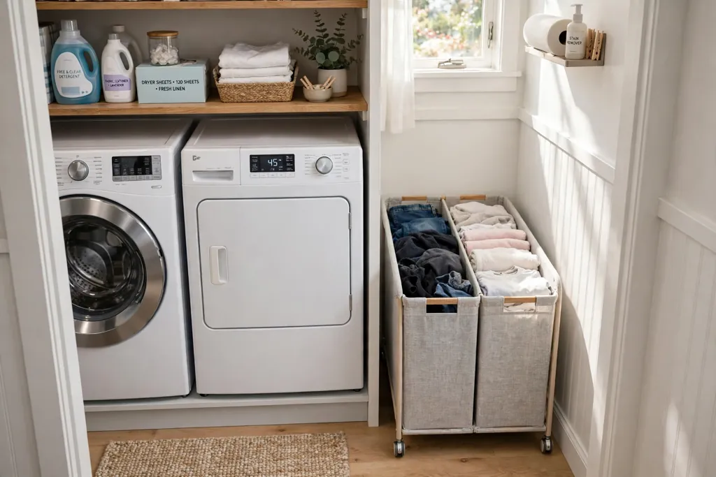 Small laundry closet with a slim divided hamper on wheels beside machines.