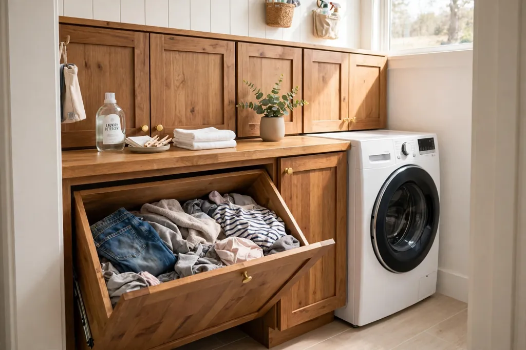 Laundry closet counter with a tilt-out hamper front open below it.